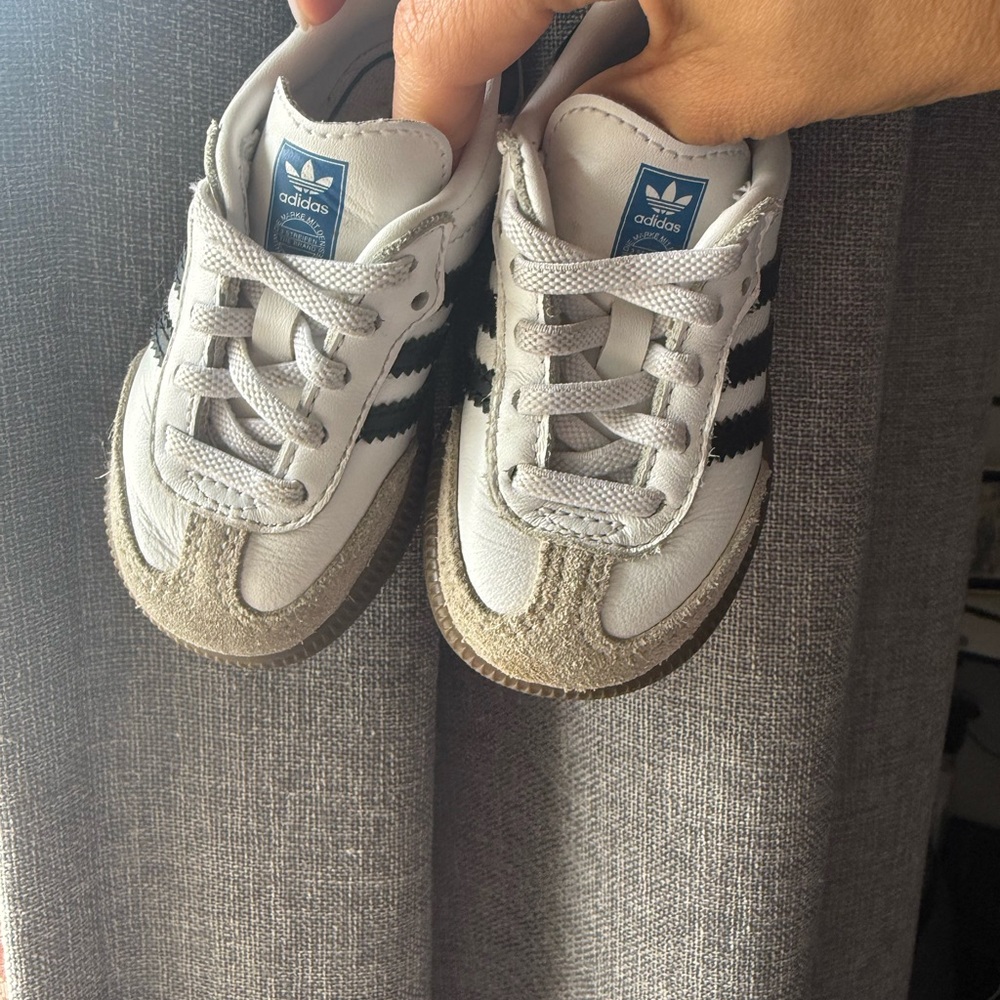 Adidas Kids White and Black Sneakers with Tan Accents